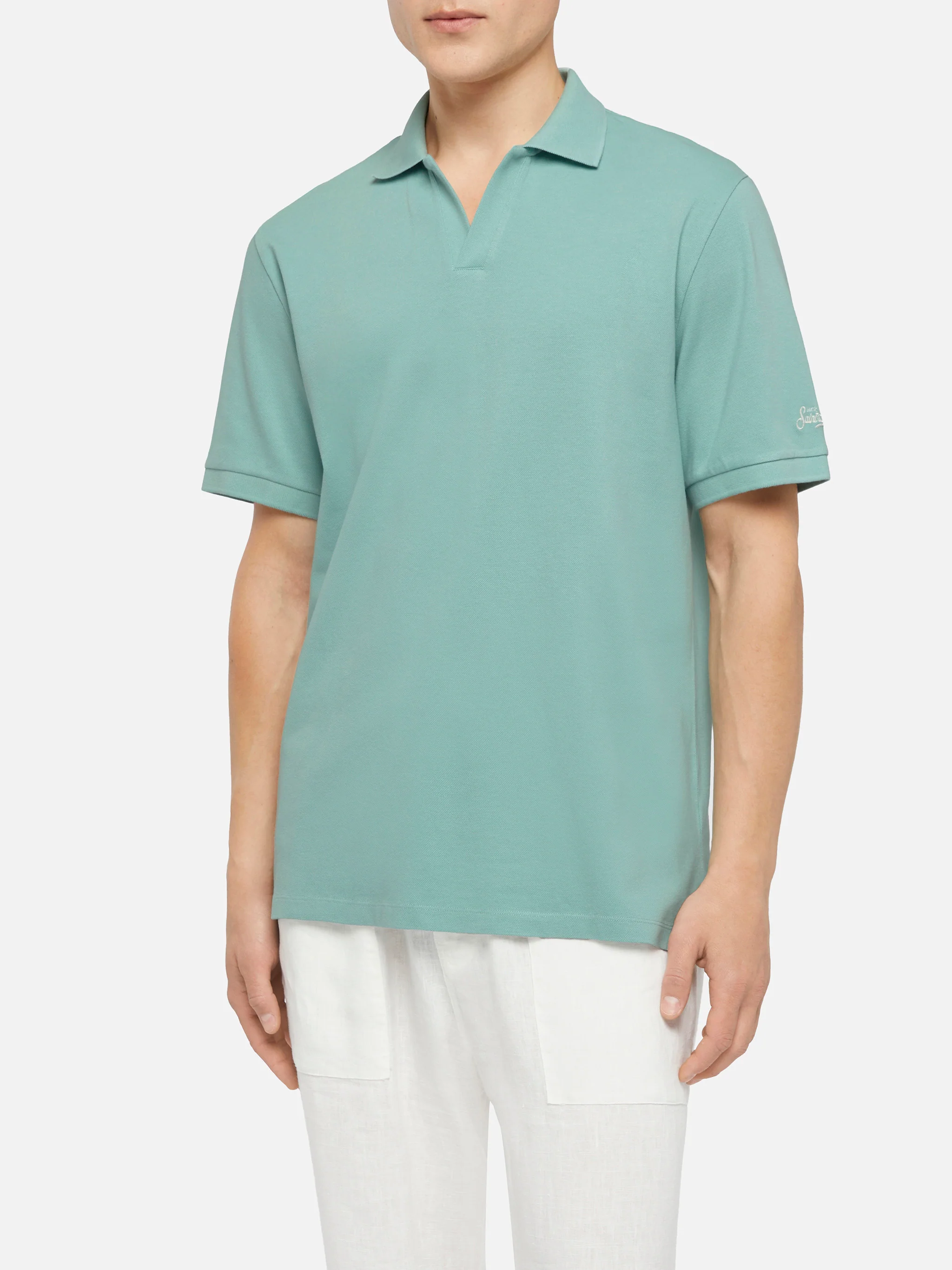 Sage green cotton piquet buttonless polo shirt Charles
