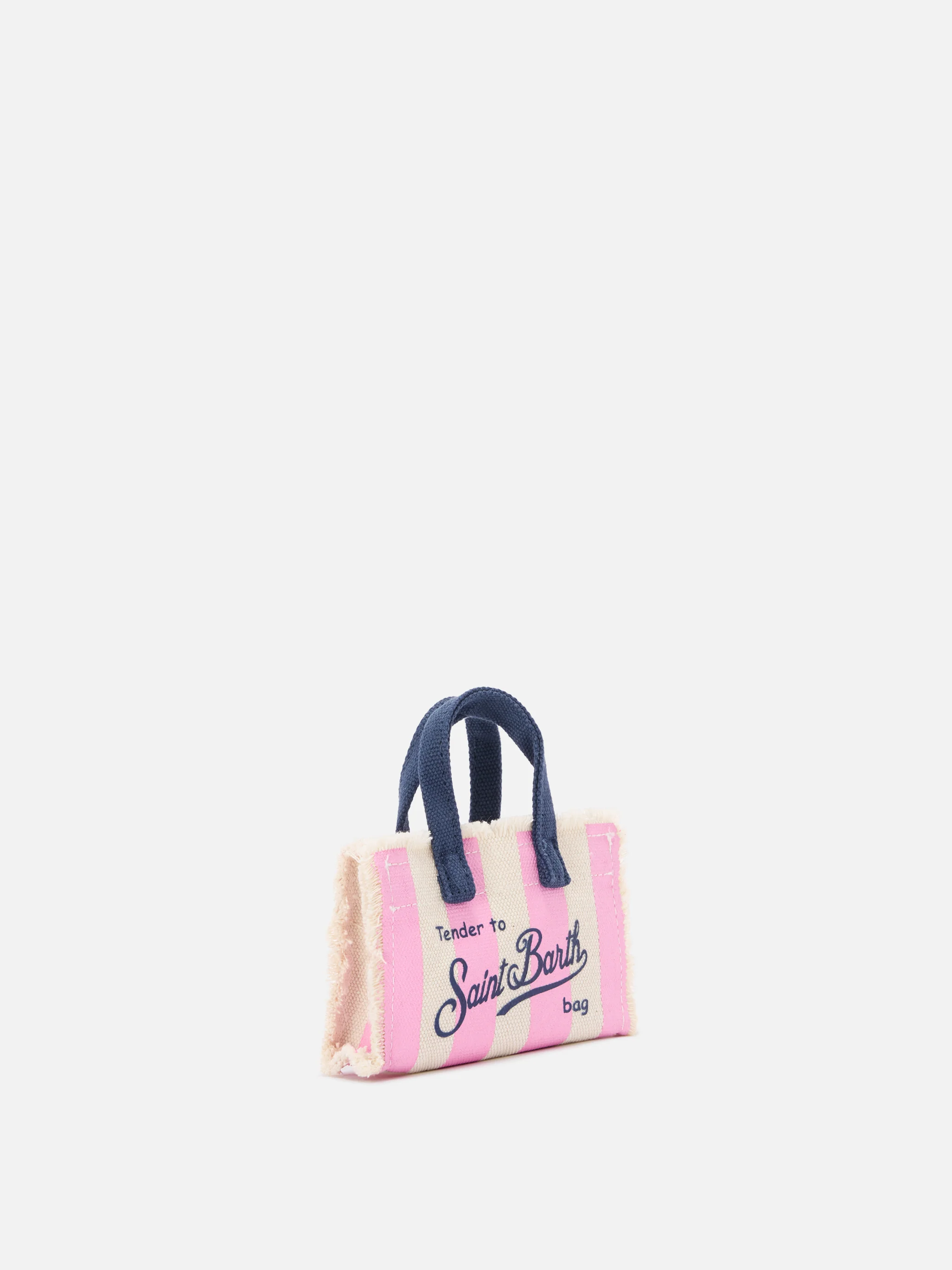 Striped fabric mini bag–shaped keychain with embroidered logo - Image 3