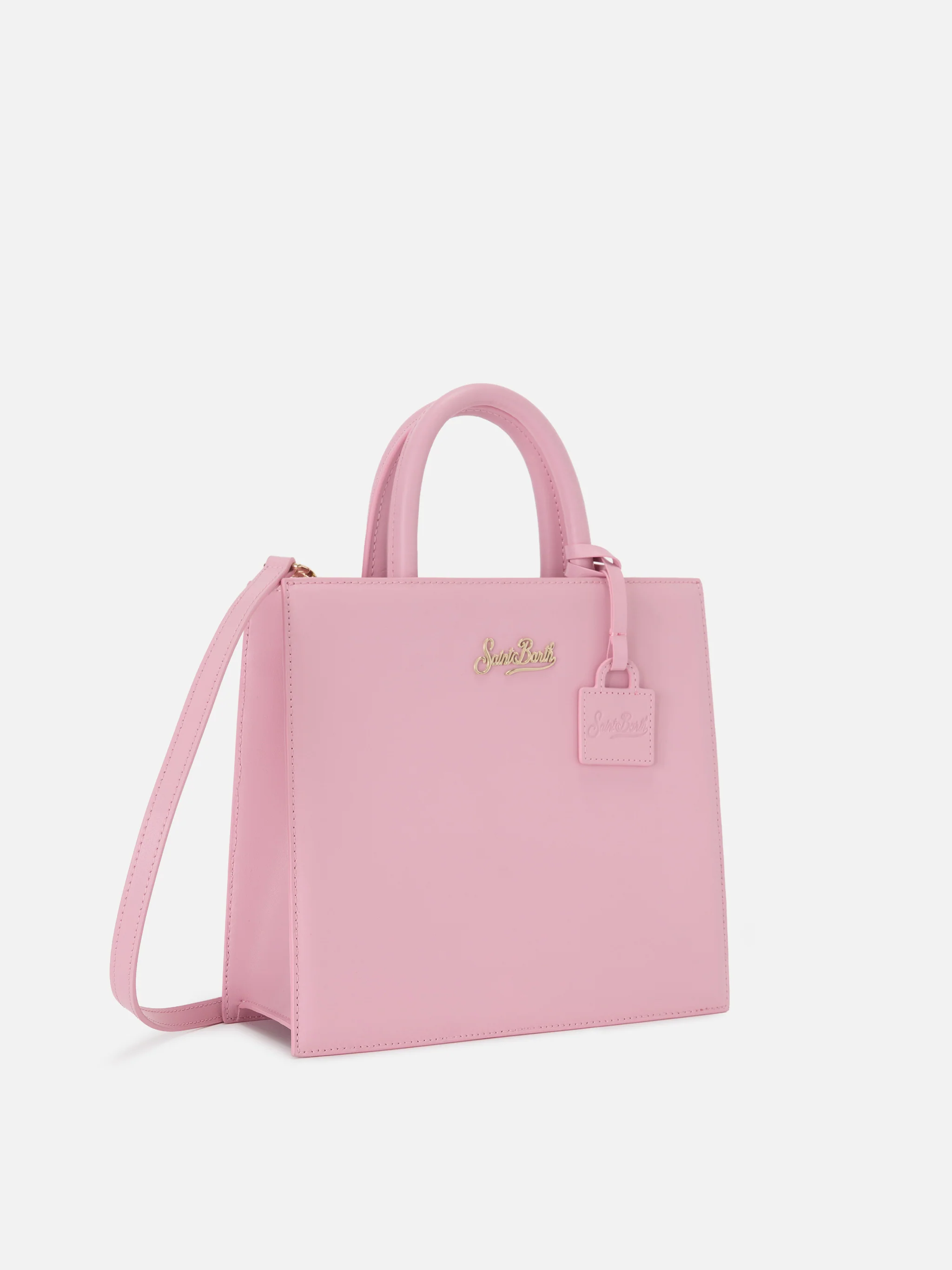 Structured Shop Midi bag in pink smooth leather with metal tag - Image 3