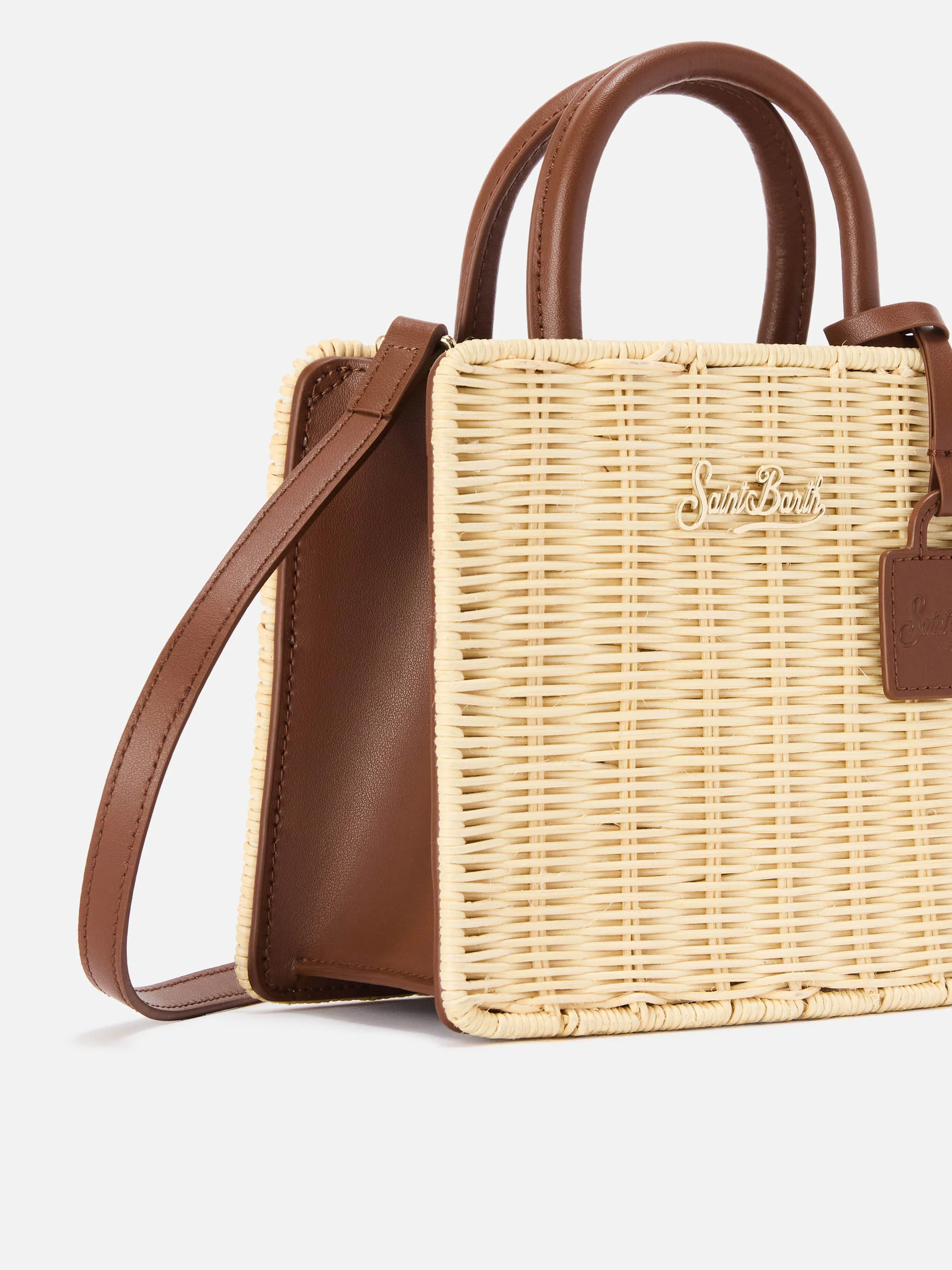 Structured Shop Mini bag in wicker with brown leather details - Image 2