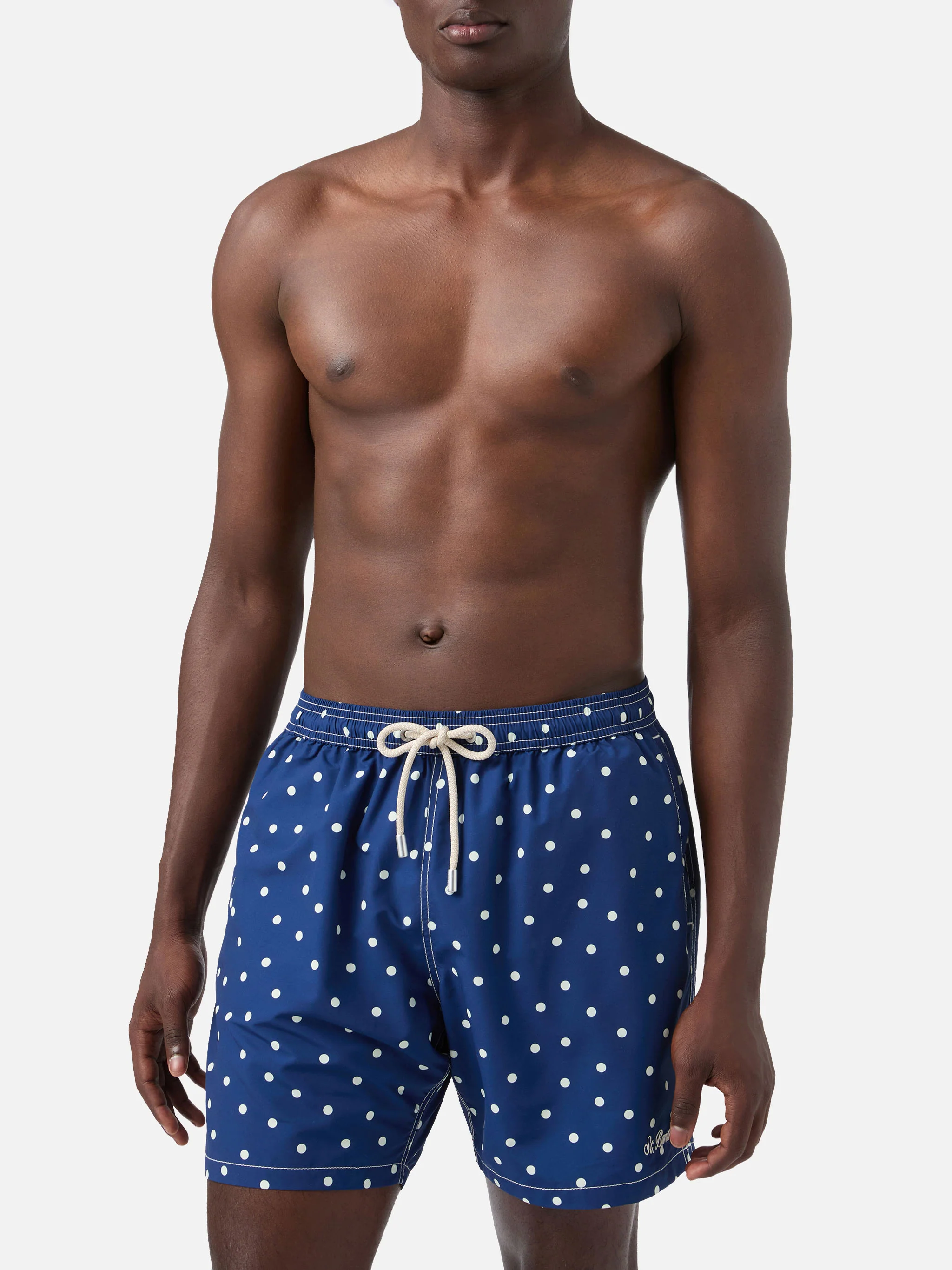 Syros swim shorts in blue with polka dot embroidery - Image 3