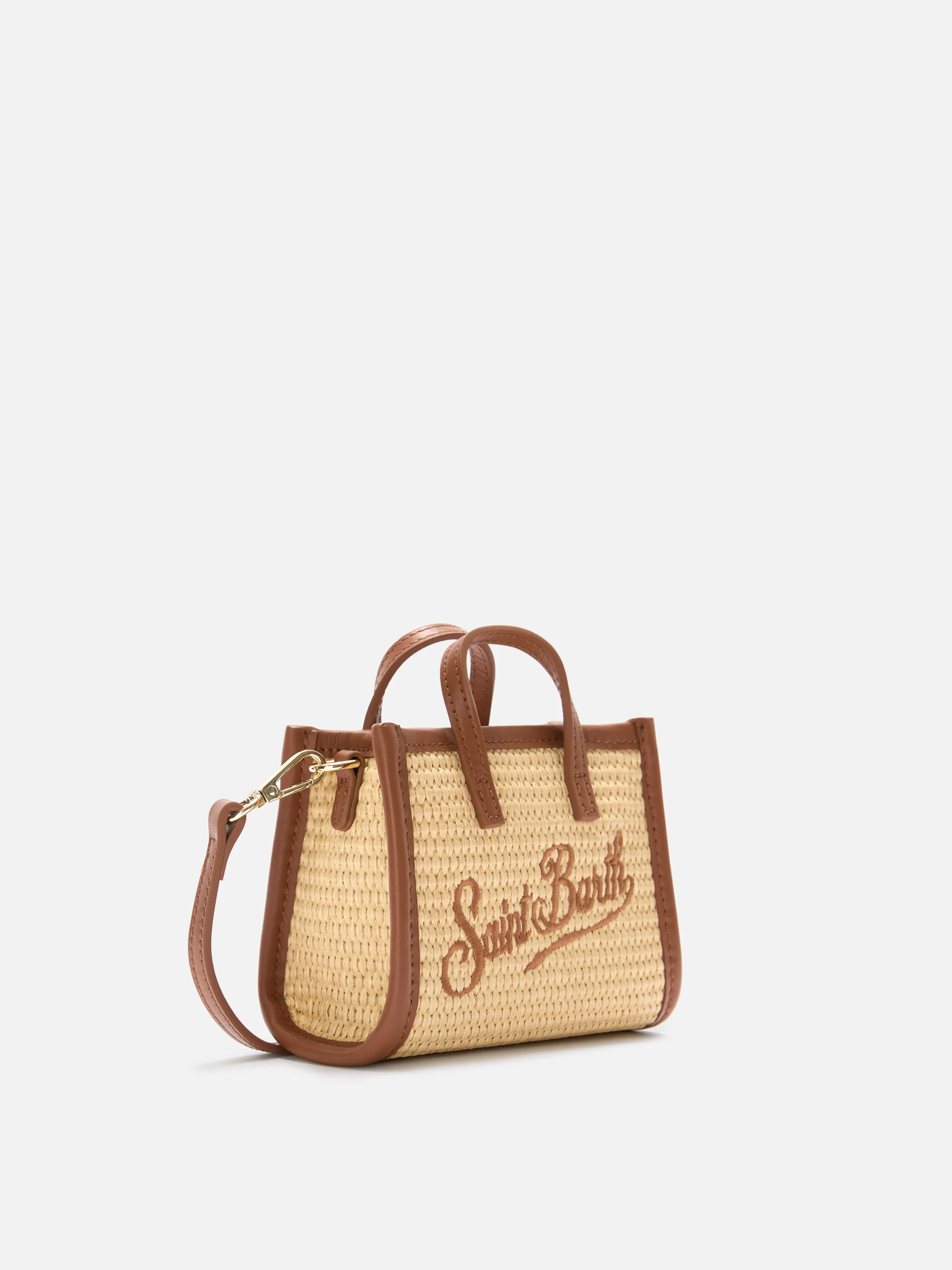 Vivian micro straw effect bag with brown embroidered logo - Image 3