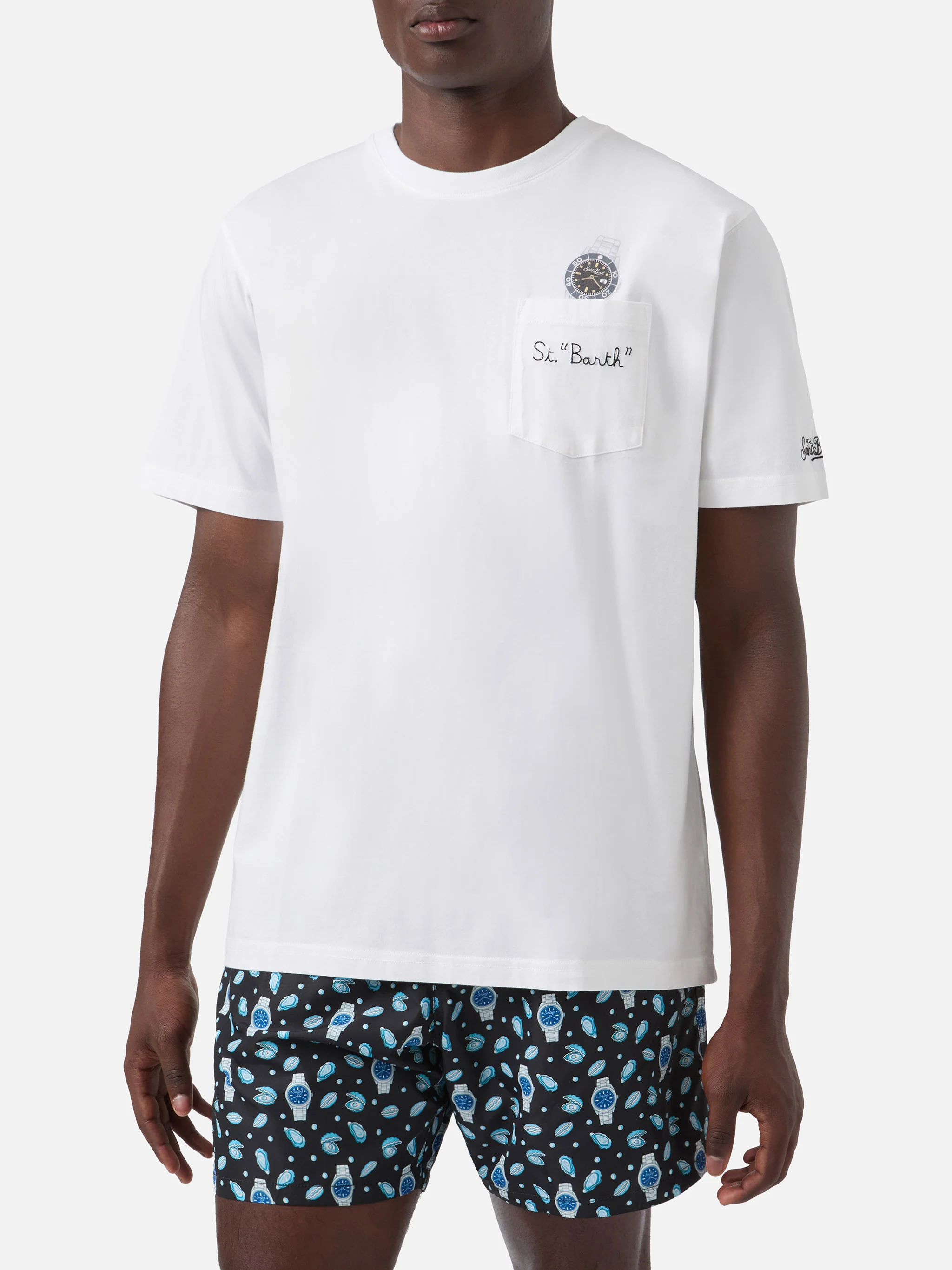 White Austin t-shirt with watch and St. Bart embroidery - Image 2