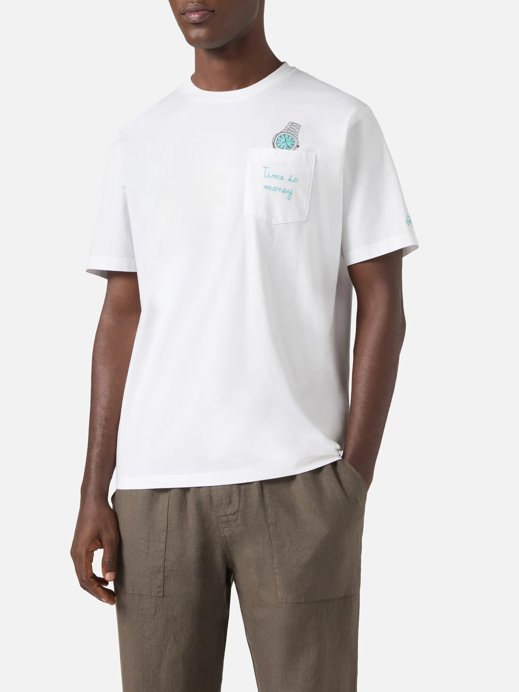 White Austin t-shirt with watch and Time Is Money embroidery - Image 2