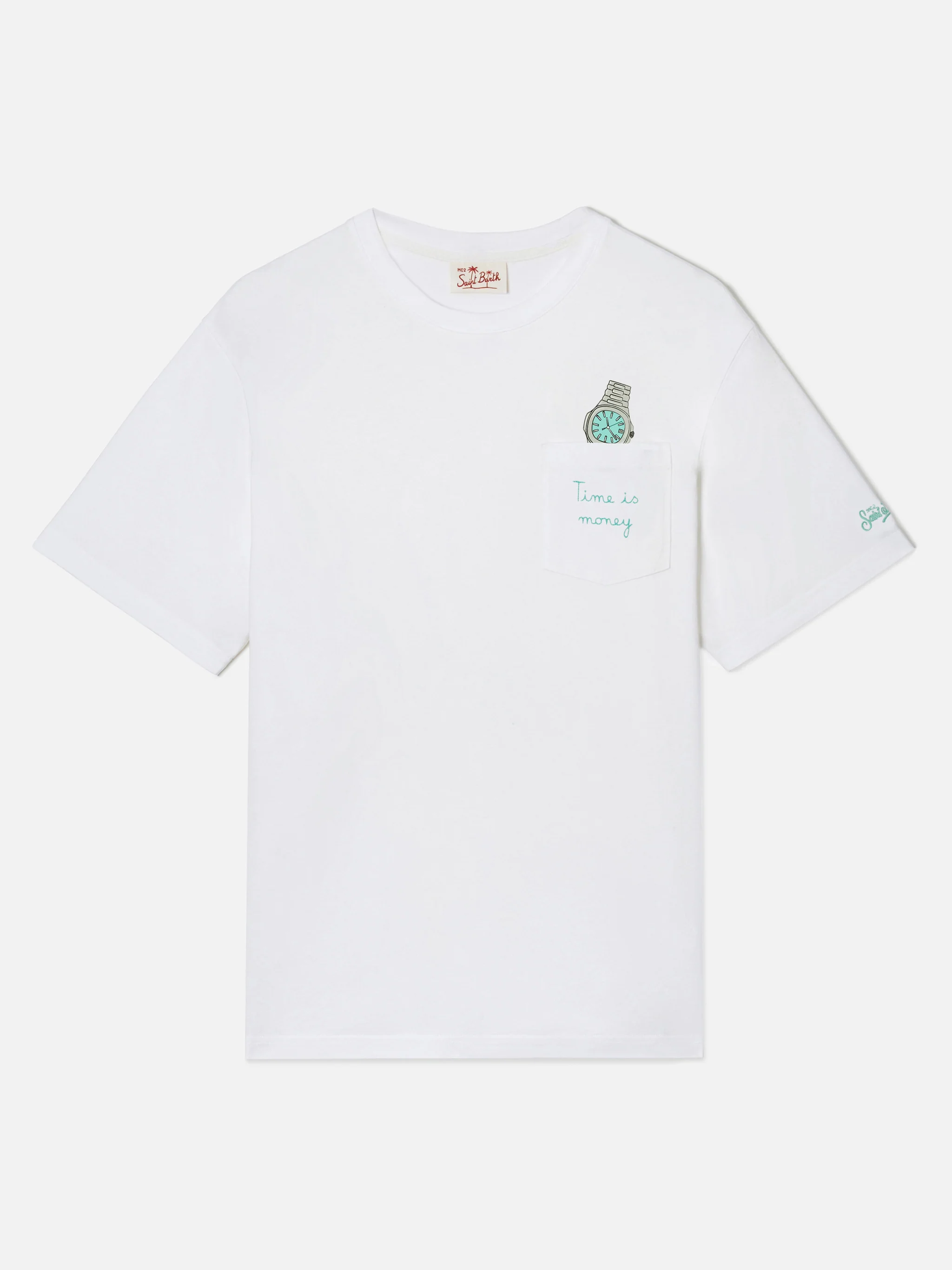 White Austin t-shirt with watch and Time Is Money embroidery - Image 4