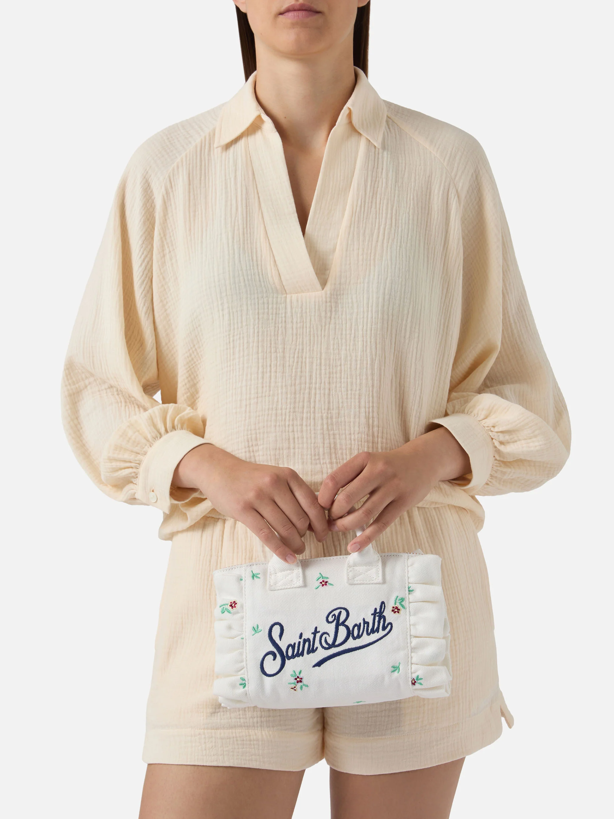 White denim Vanity mini volant bag with embroidered flowers - Image 2