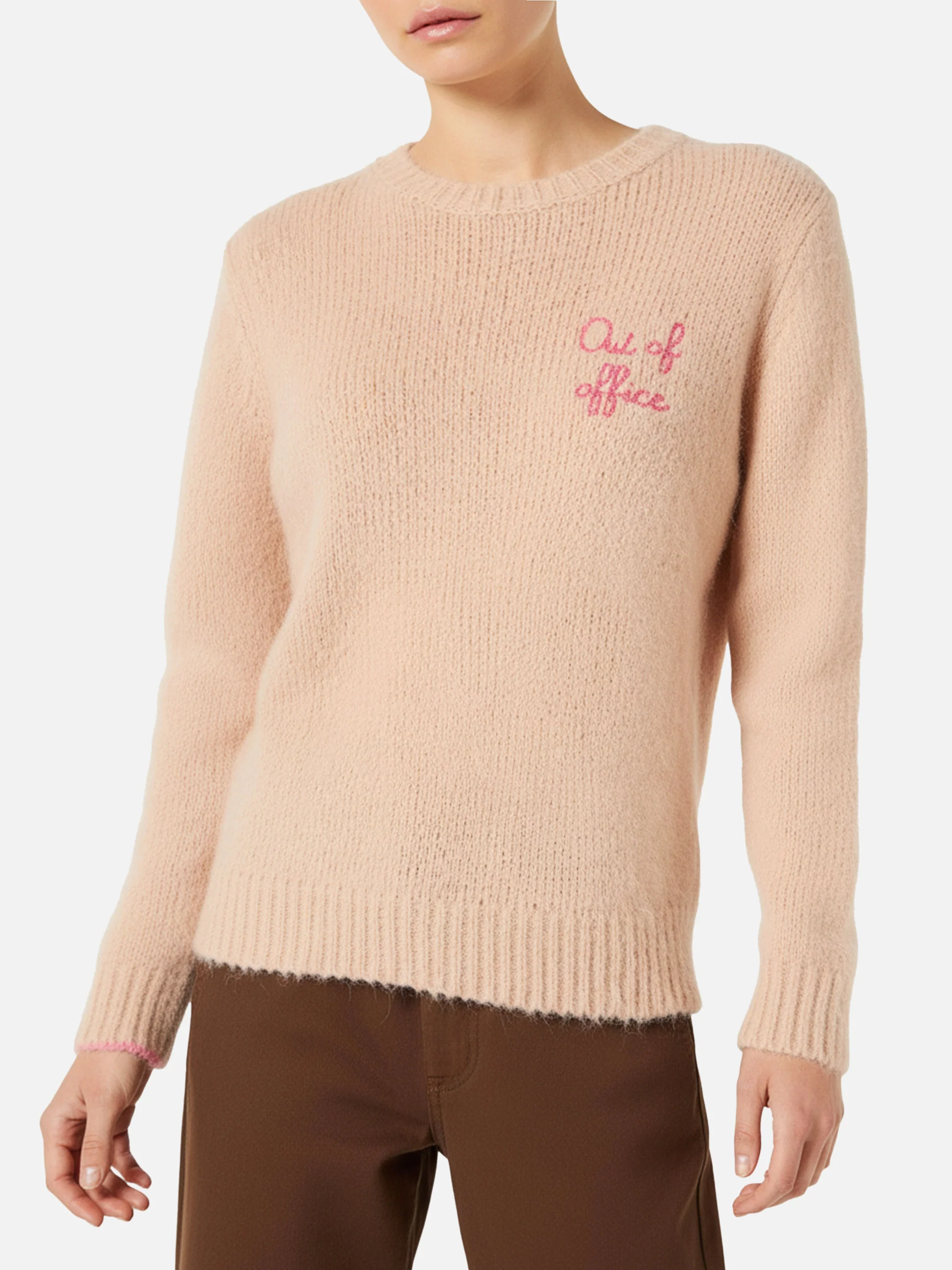 New Queen Soft beige sweater with Out of office embroidery