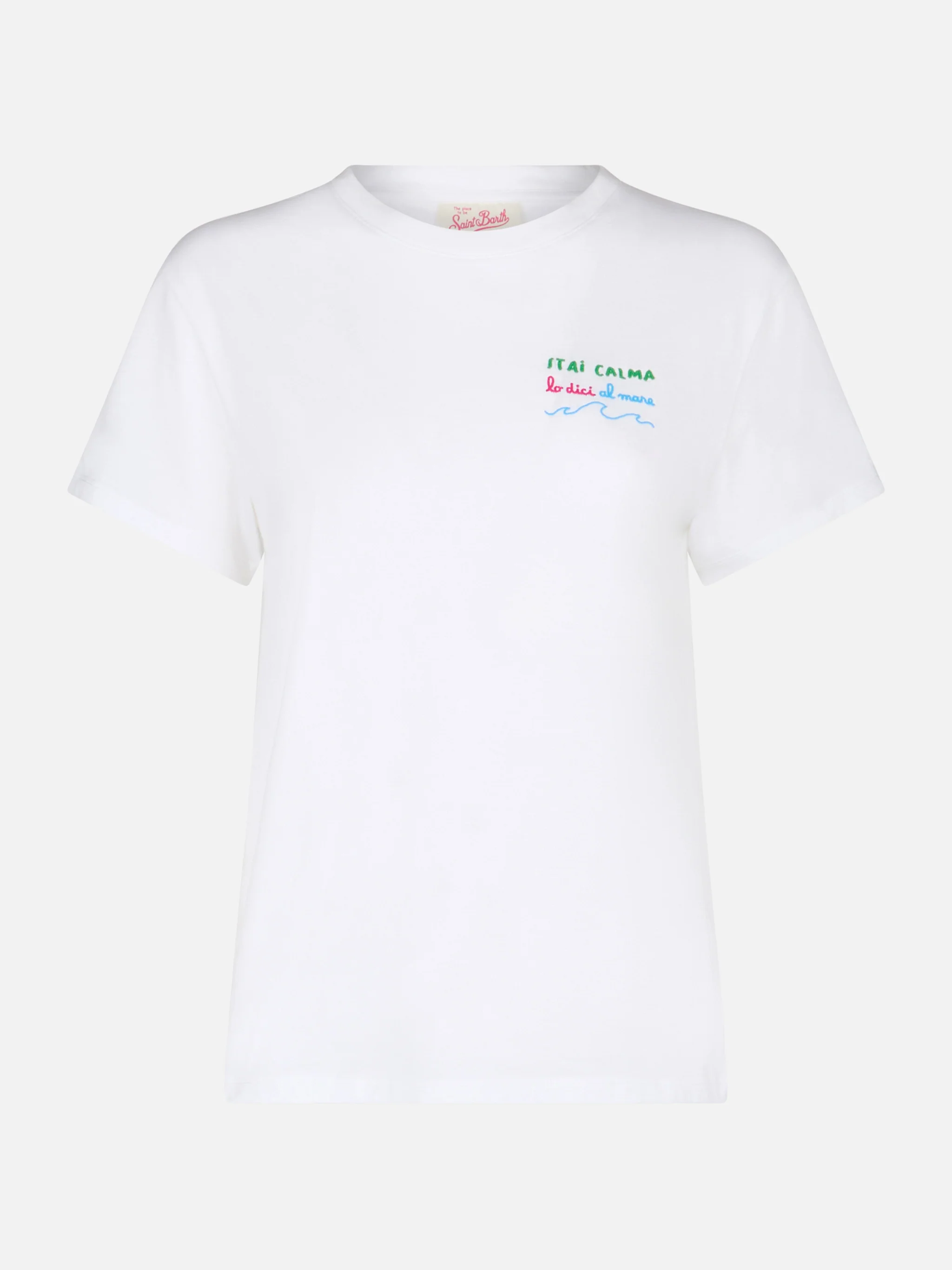 Woman cotton jersey crewneck t-shirt Emilie with Stai calma lo dici al mare embroidery - Image 5