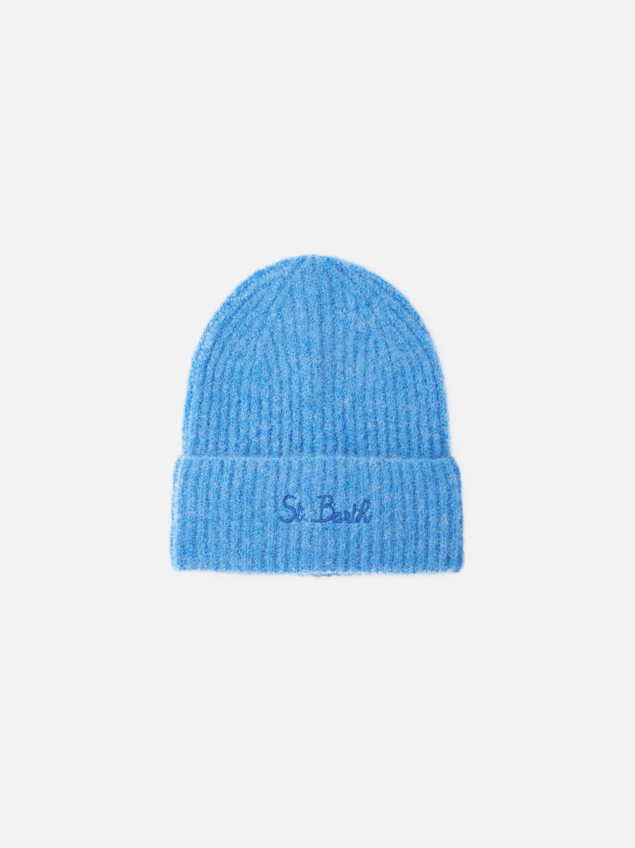 Moss beanie in dusty blue STRETCH ALPACA with St. Barth embroidery