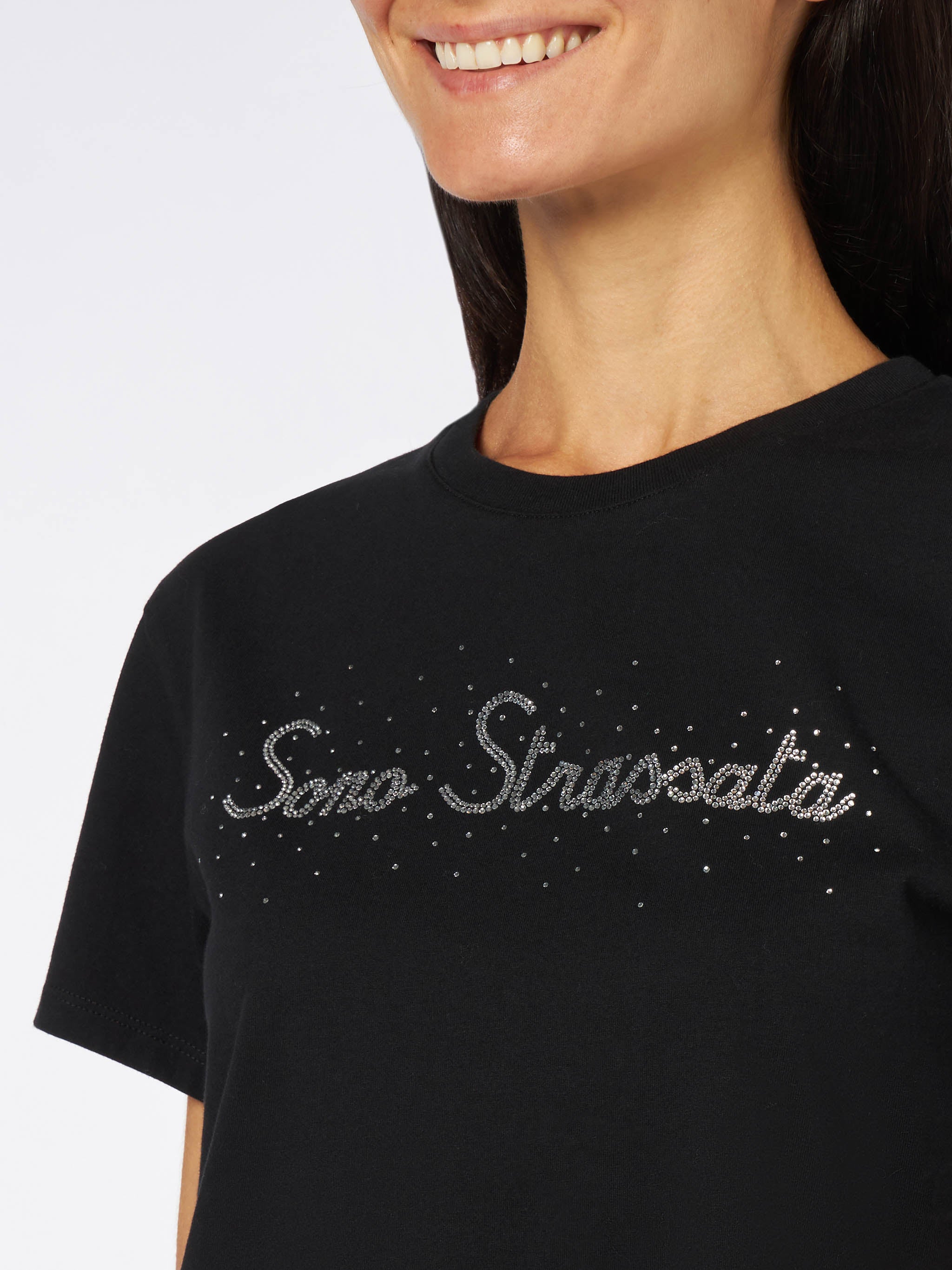 Black Emilie cotton t-shirt with rhinestone print