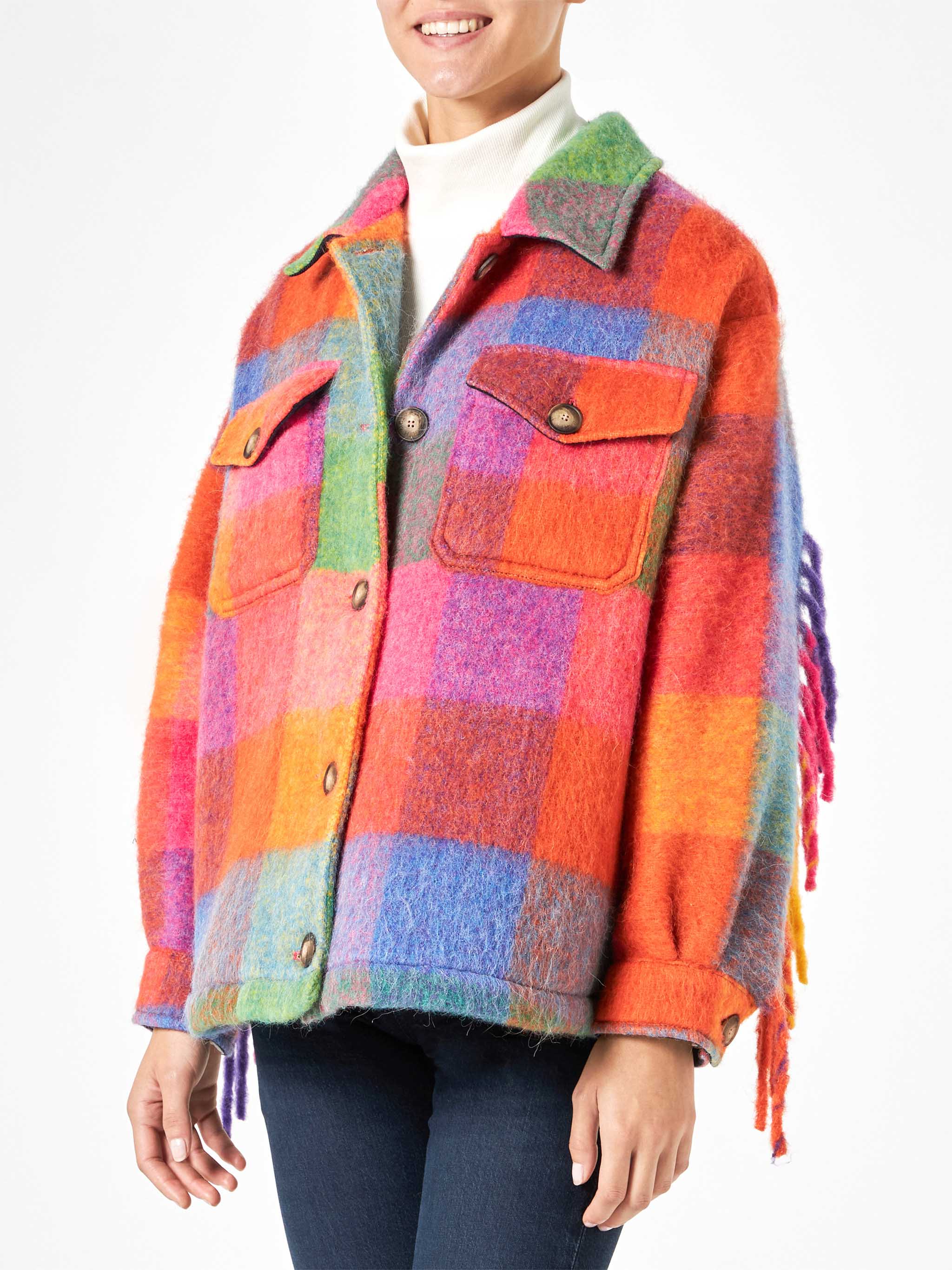 Marceline multicolor check overshirt with fringes