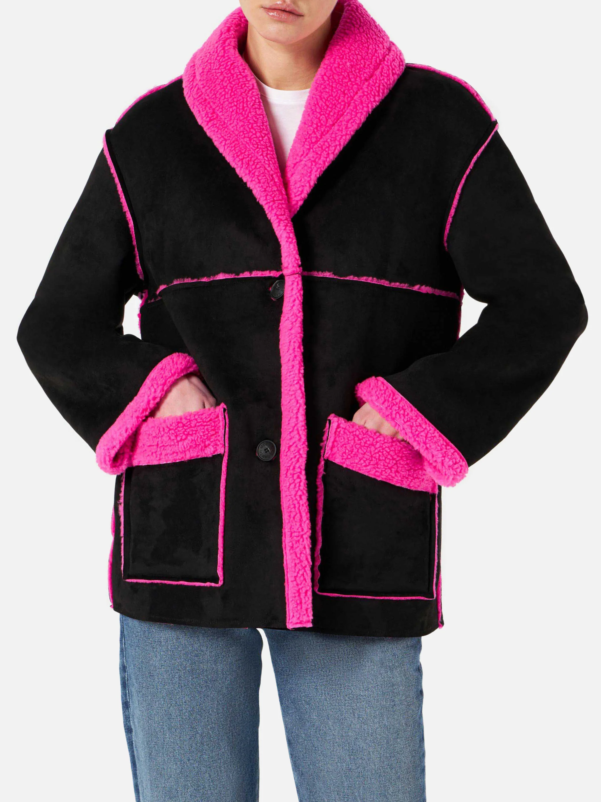 Black and fluo pink Dorys reversible shearling coat