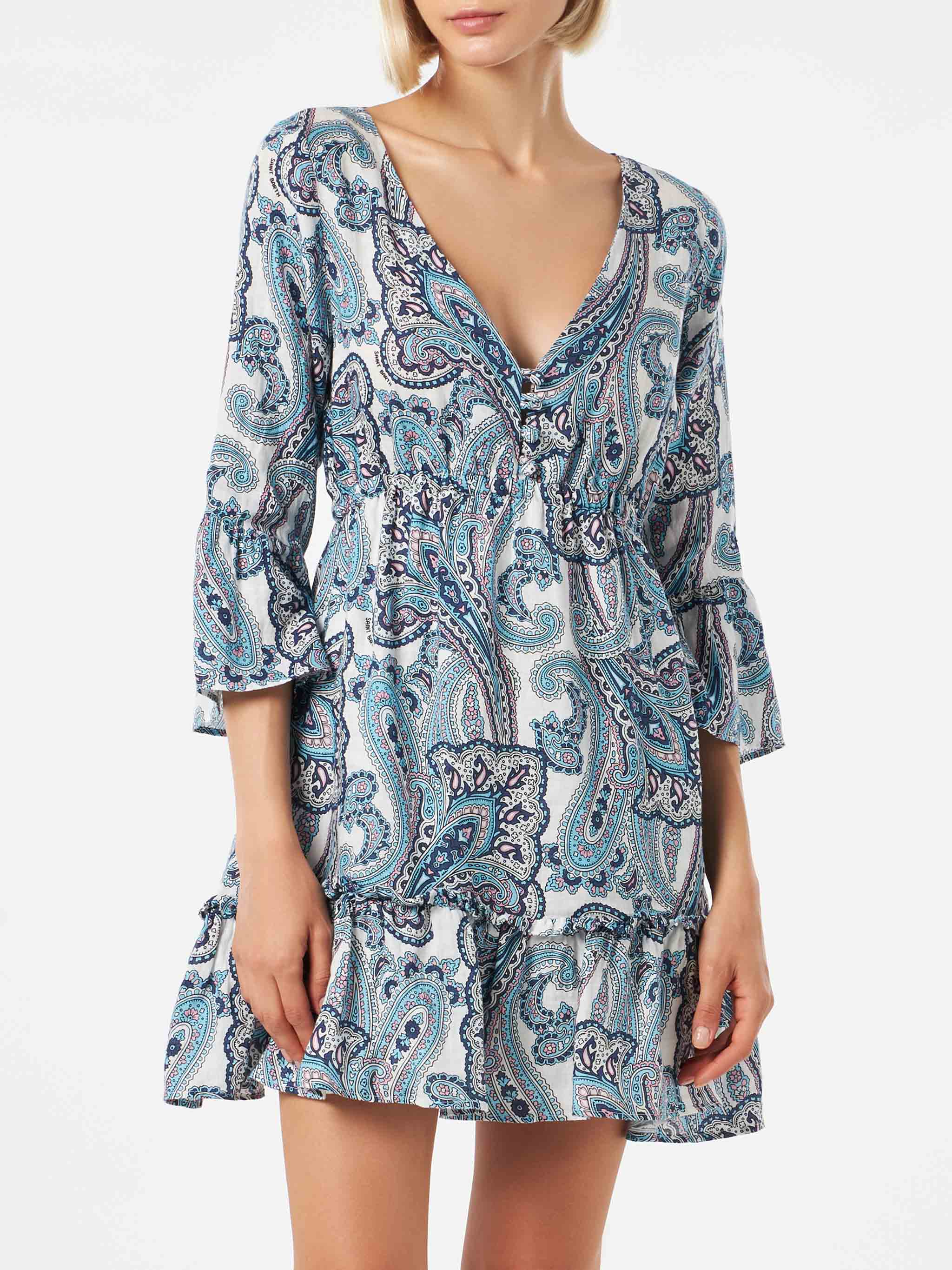 Hemil Linen short linen dress with paisley print
