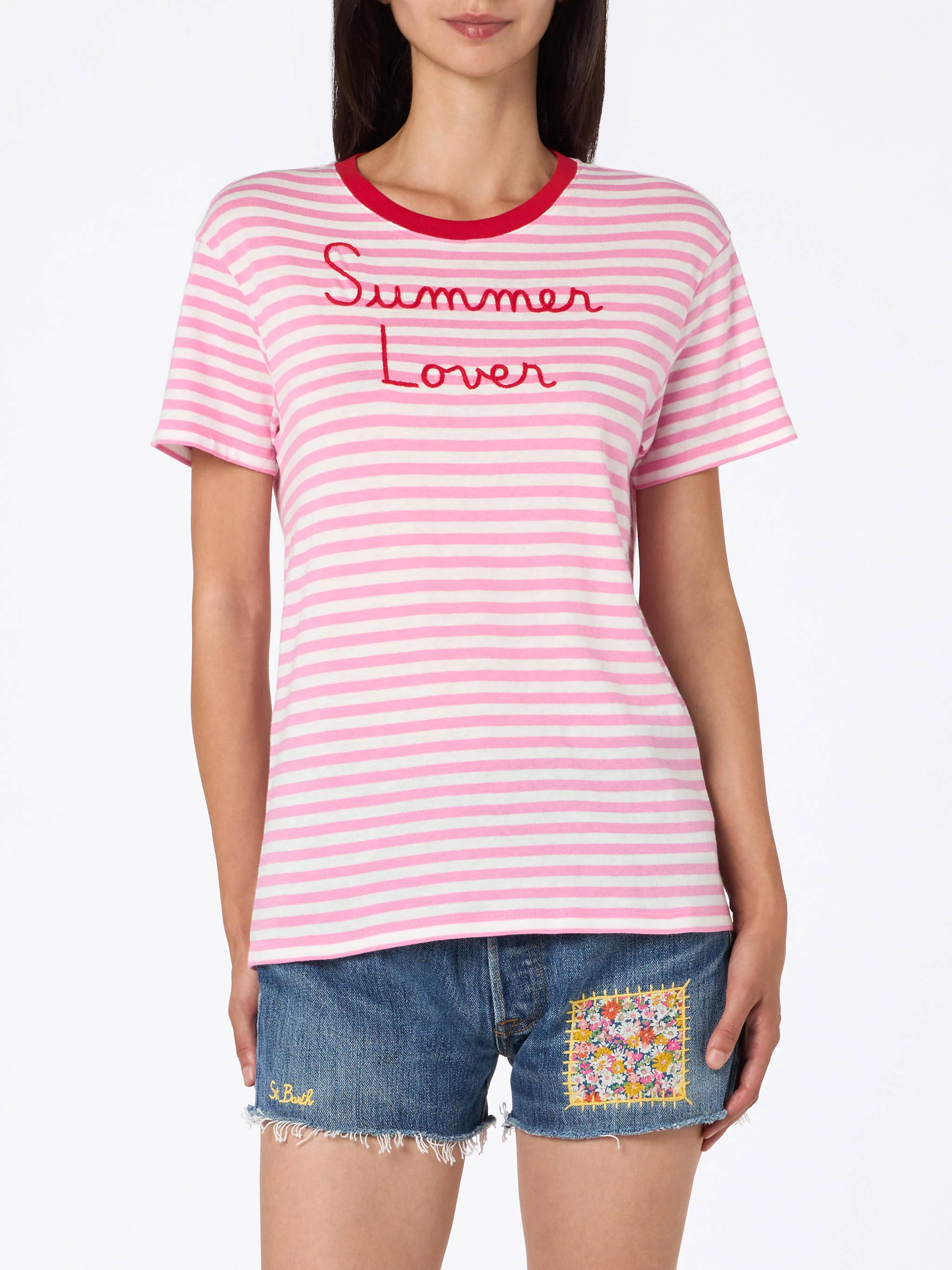 Striped Emilie cotton t-shirt with Summer Lover embroidery