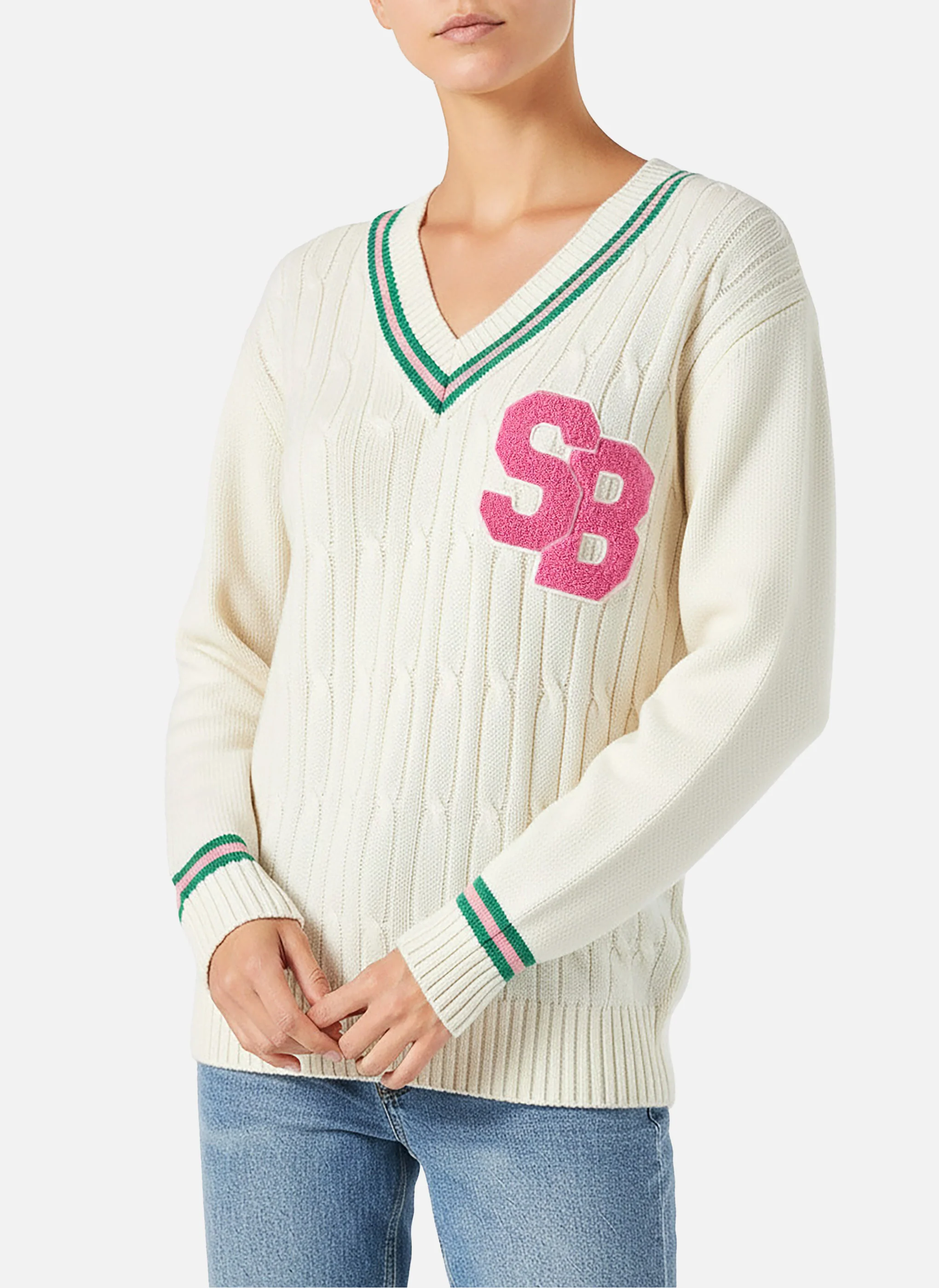 Roger white cashmere blend V-neck sweater with patch