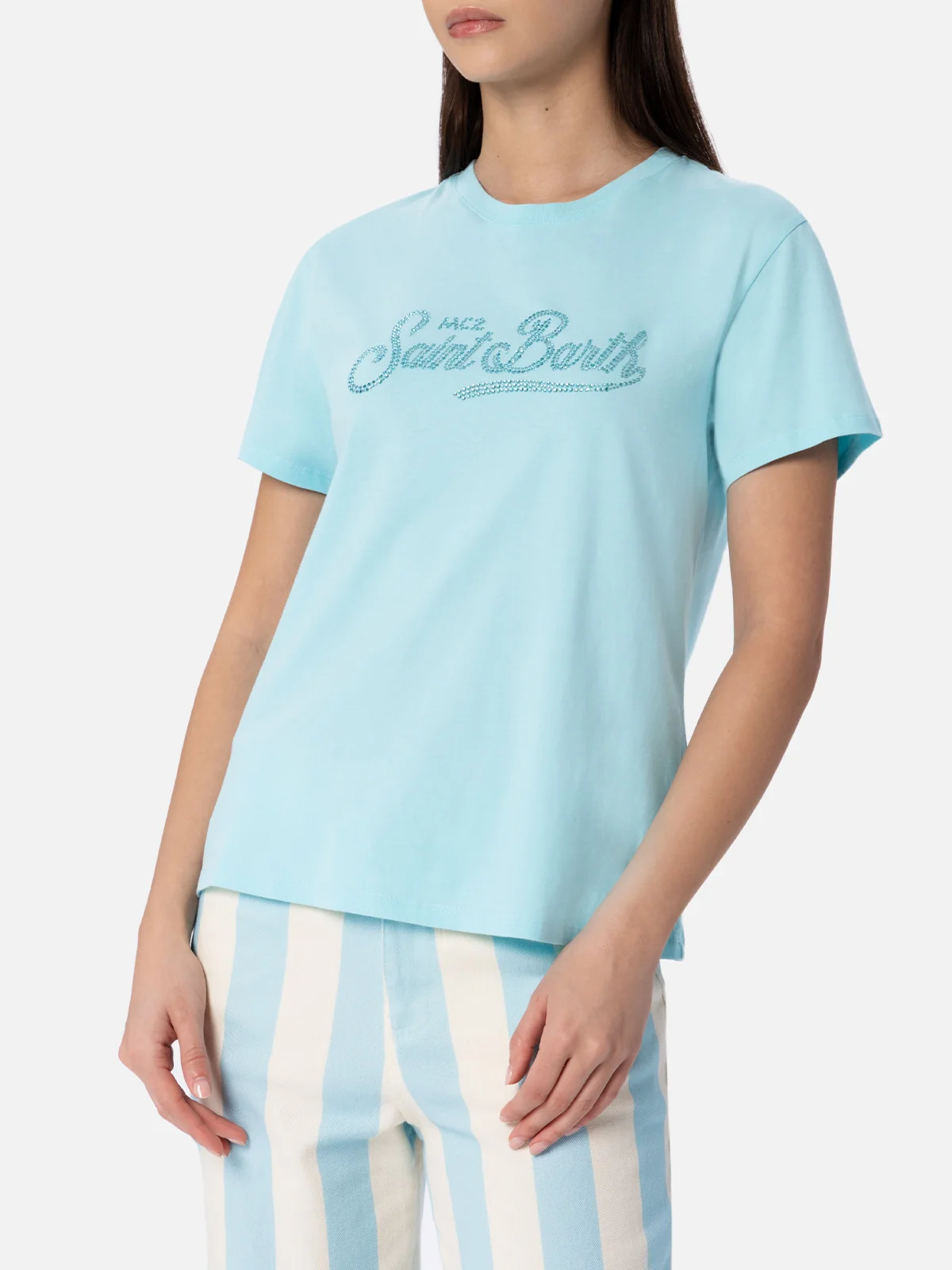 Emilie water green cotton t-shirt with rhinestones